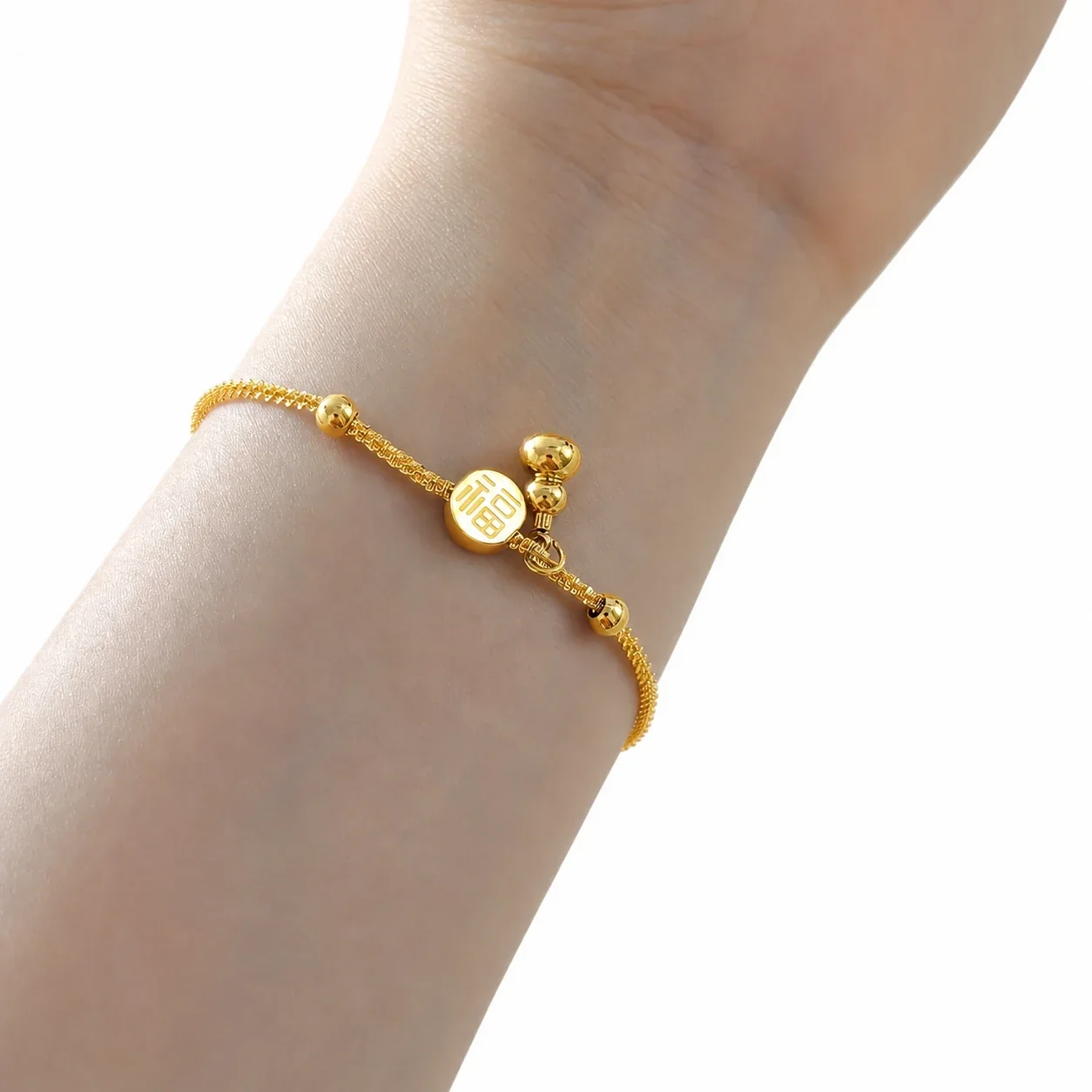 Gilded Stainless Steel Fu Coin Gourd Bead Anklet