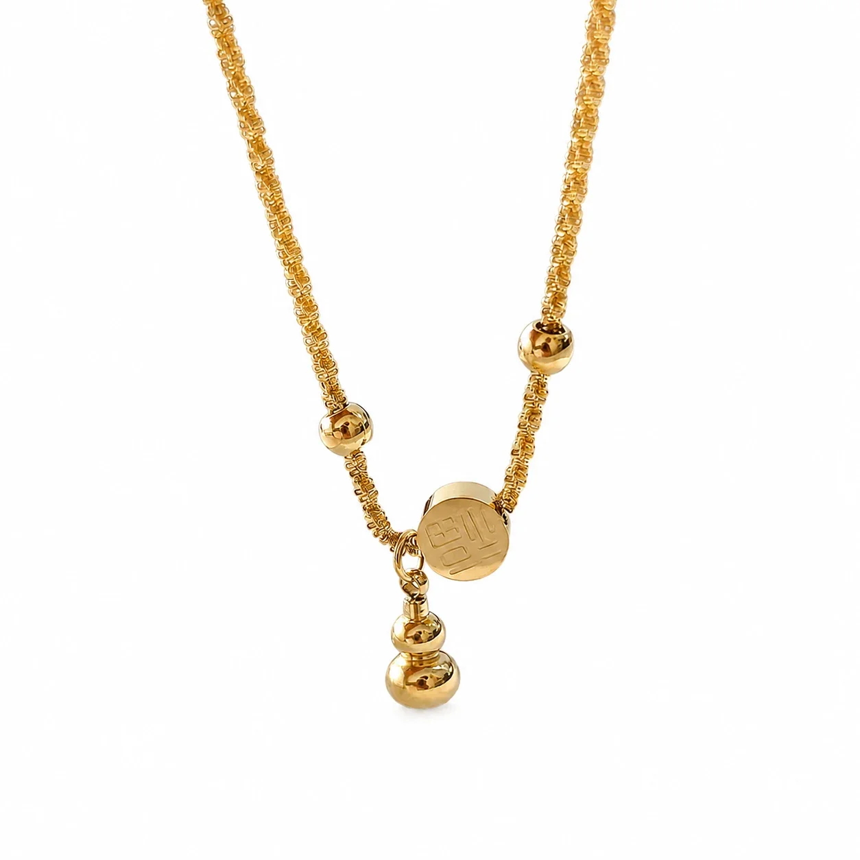Gilded Stainless Steel Fu Coin Gourd Bead Anklet