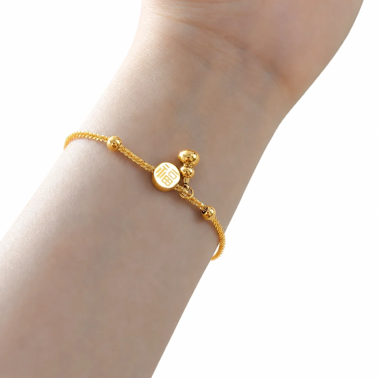 Gilded Stainless Steel Fu Coin Gourd Bead Anklet - Gold