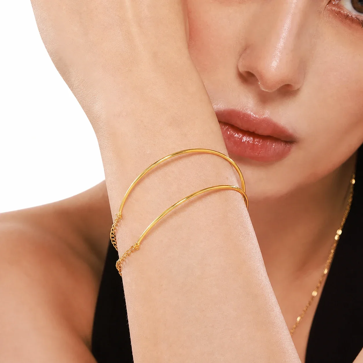 Sleek Stainless Steel Gold PVD Double Wire Bangle Bracelet