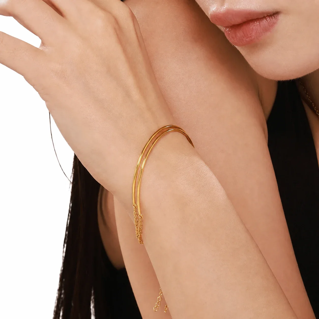 Sleek Stainless Steel Gold PVD Double Wire Bangle Bracelet