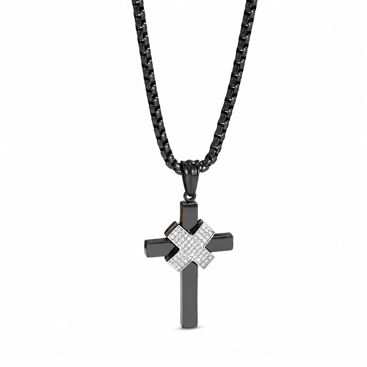 Raised X Pavé 316 Stainless Steel Cross Pendant Necklace