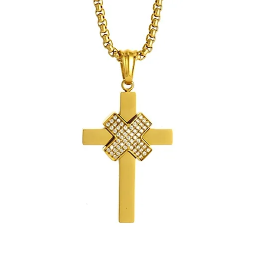 Bold 316 Stainless Steel Pavé Cross Pendant Necklace