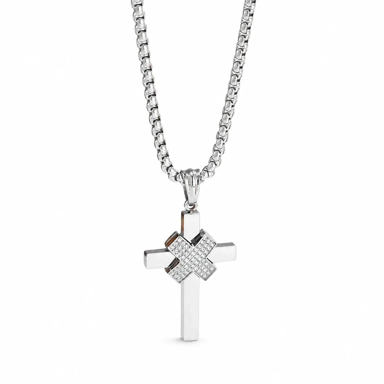 Bold 316 Stainless Steel Pavé Cross Pendant Necklace