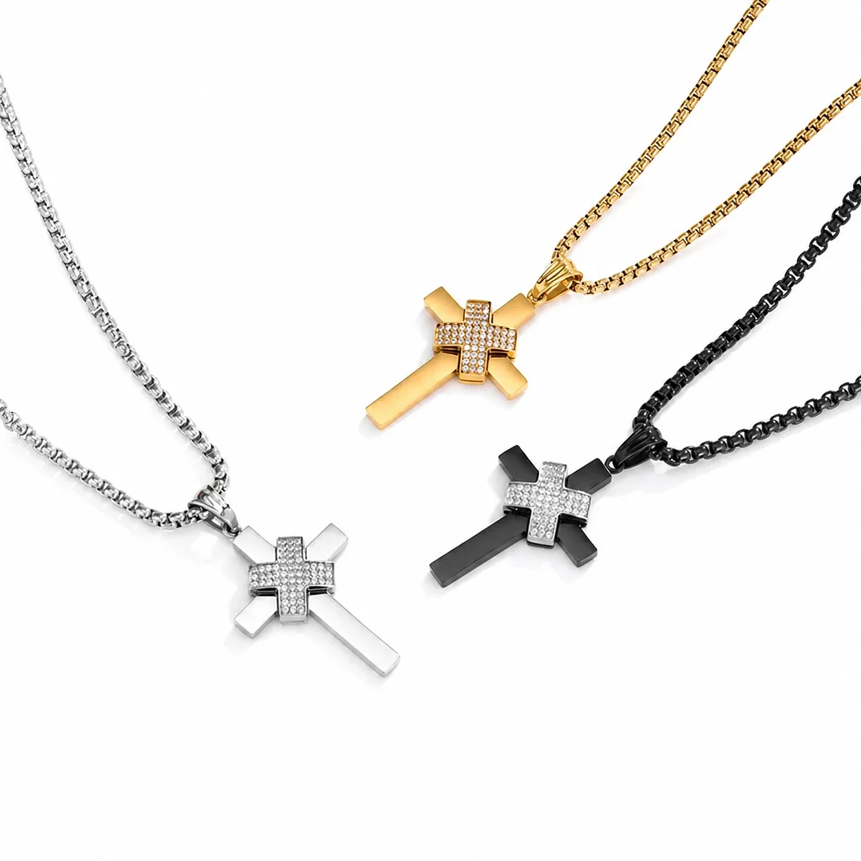 Bold 316 Stainless Steel Pavé Cross Pendant Necklace