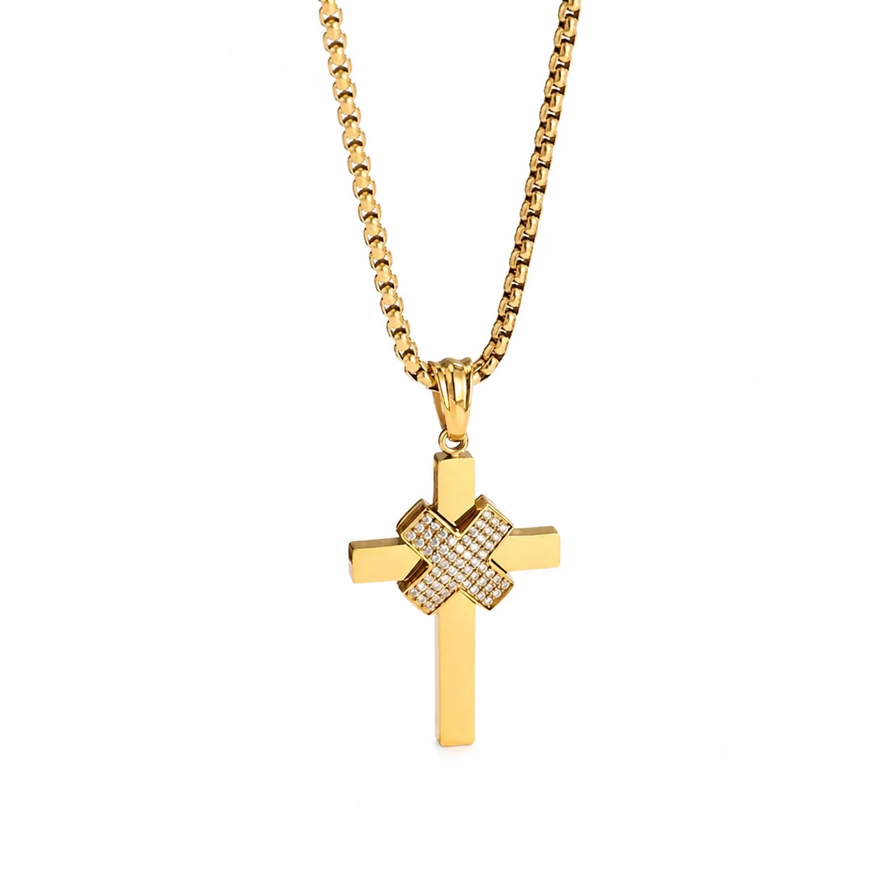 Bold 316 Stainless Steel Pavé Cross Pendant Necklace - 18K Gold Pavé
