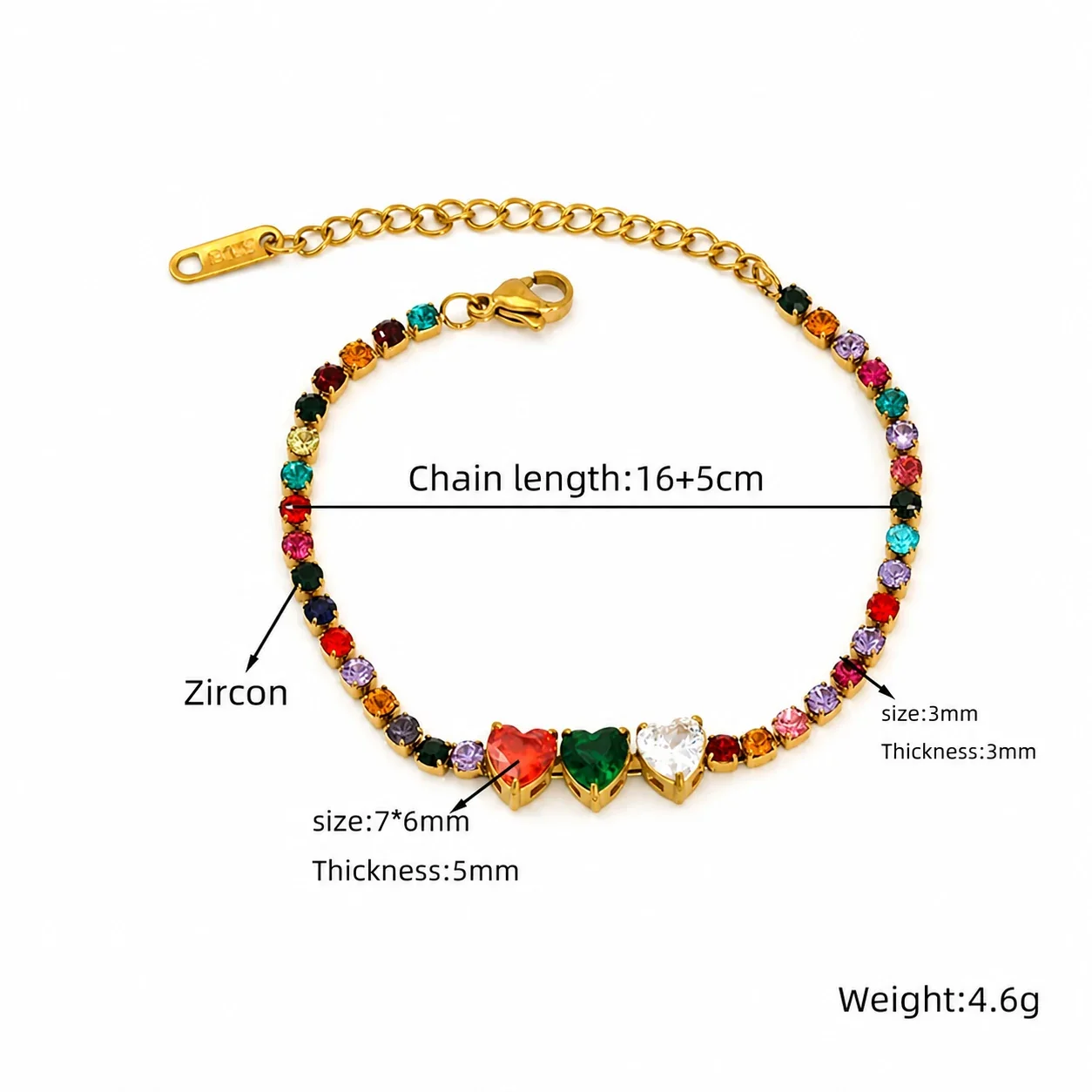 Vivid Gold-Plated Steel Heart CZ Tennis Bracelet - Gold Multicolor Oval CZ