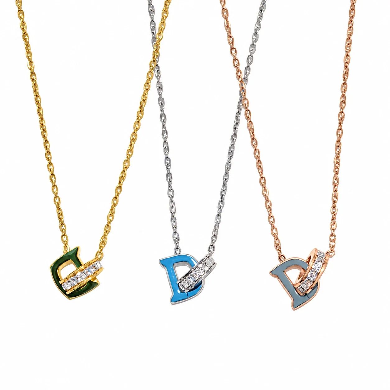 Produktfoto: D Letter Necklace, Interlocking Ring Crystal Accent, Stainless Steel