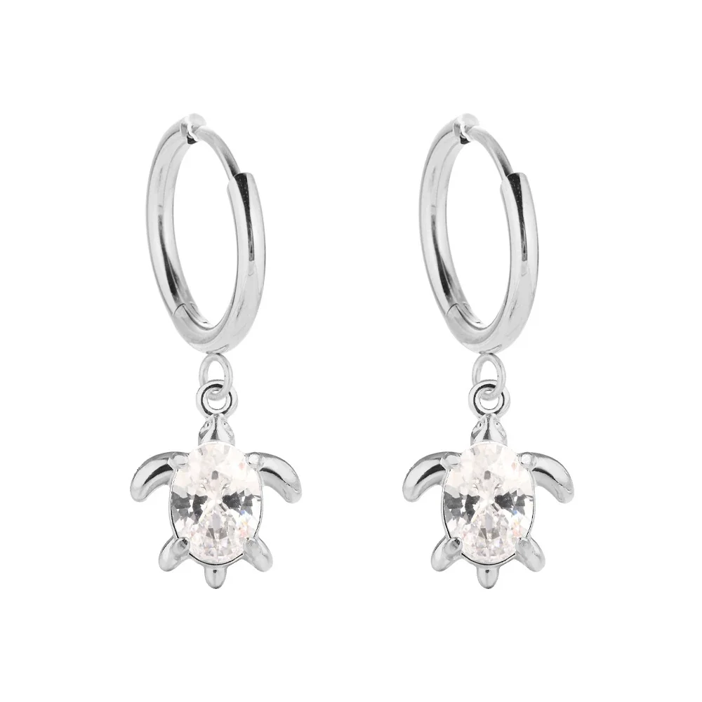 Playful 316 Stainless Steel Turtle Drop Hoop Earrings - Silver Pink CZ Turtle