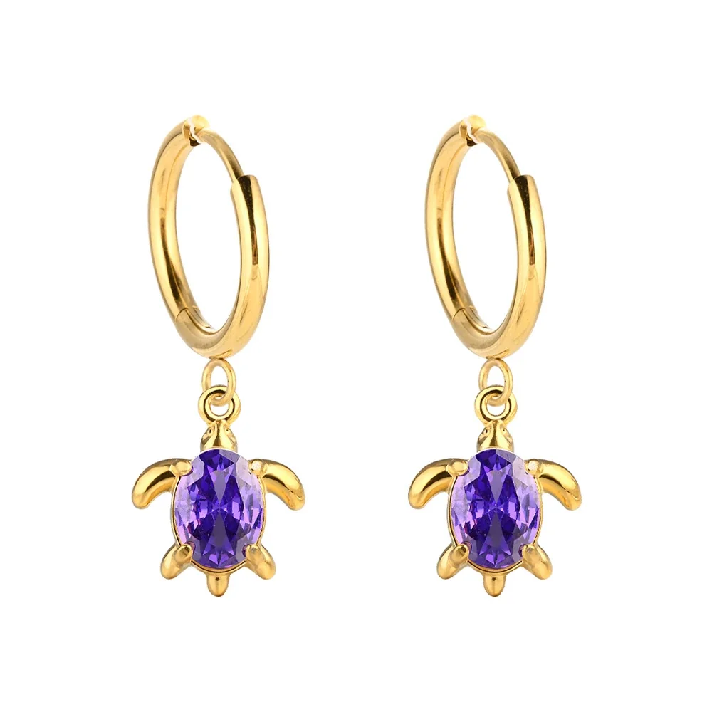 Playful 316 Stainless Steel Turtle Drop Hoop Earrings - Gold Purple CZ Turtle