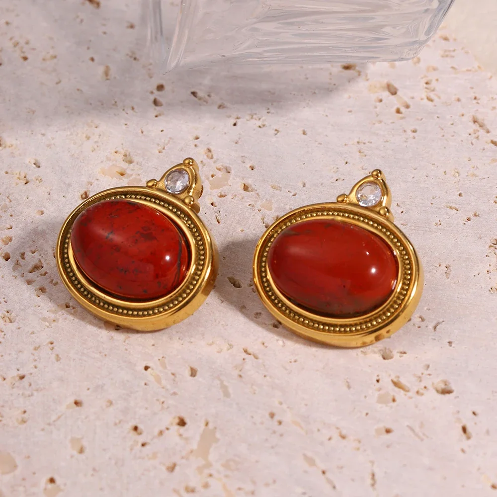 Produktfoto: Ohrstecker mit ovaler Zargenfassung und Perlenrand, 18K-vergoldeter Edelstahl 316
