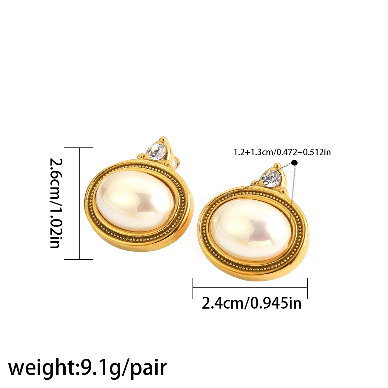 Produktfoto: Ohrstecker mit ovaler Zargenfassung und Perlenrand, 18K-vergoldeter Edelstahl 316