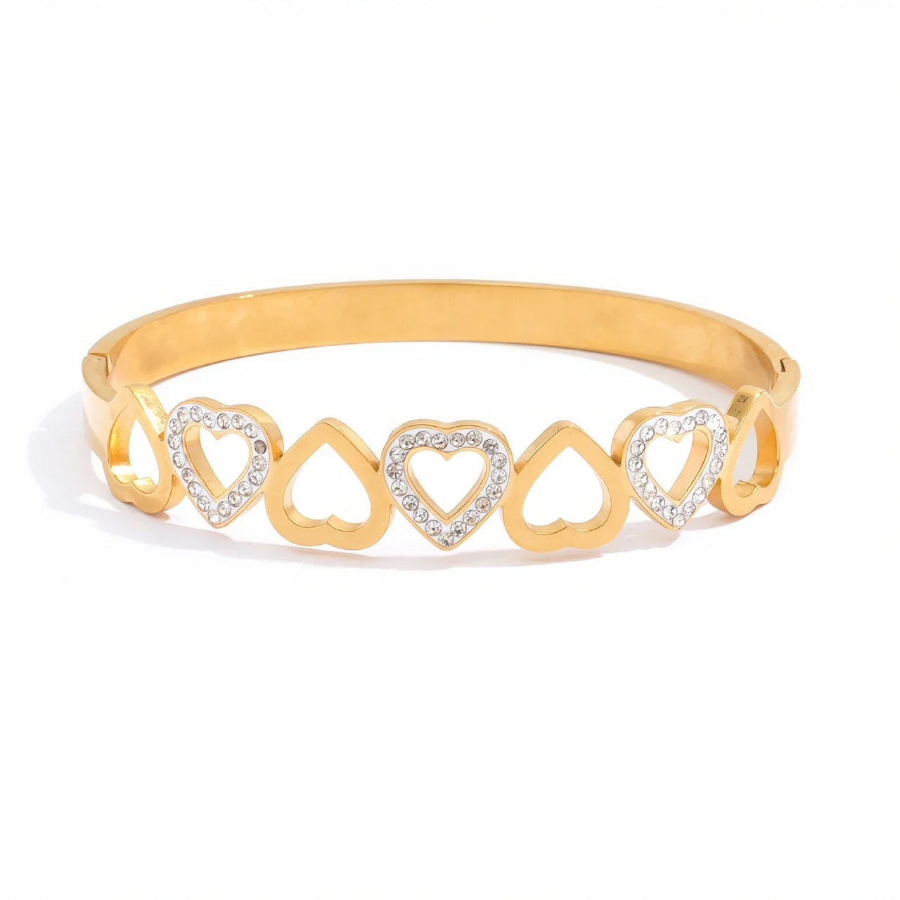Bangle Bracelet with Heart and Crystal Curb Links, 18K Gold PVD