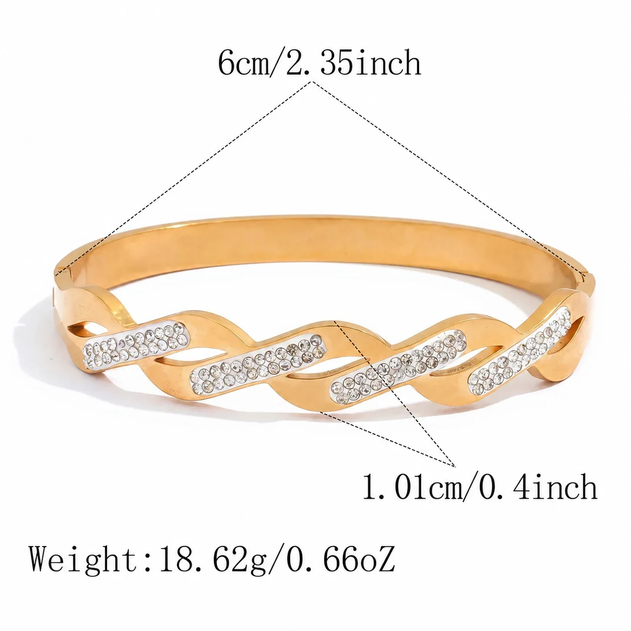 Foto del producto: Brazalete rígido con corazones y eslabones grumet de cristal, PVD de oro de 18K