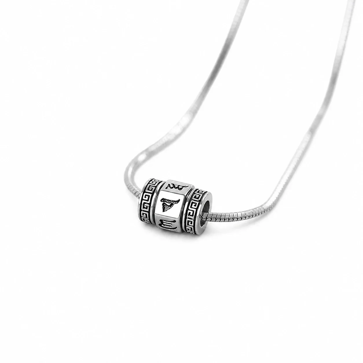 Oxidised Silver-Plated Snake Chain Rotating Mantra Pendant Necklace