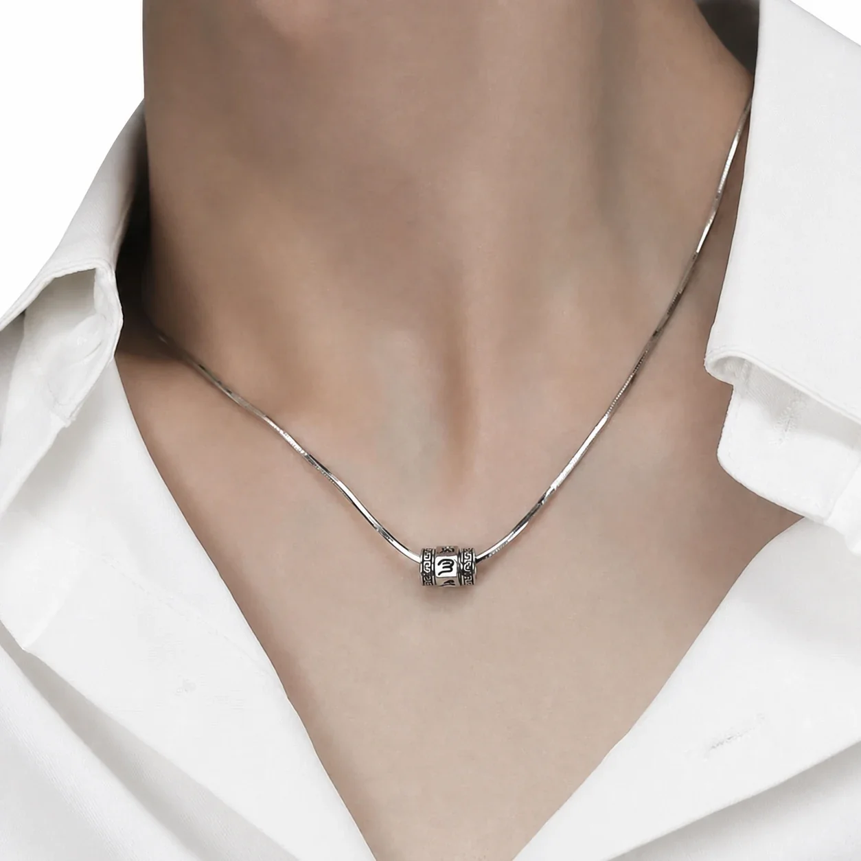 Oxidised Silver-Plated Snake Chain Rotating Mantra Pendant Necklace
