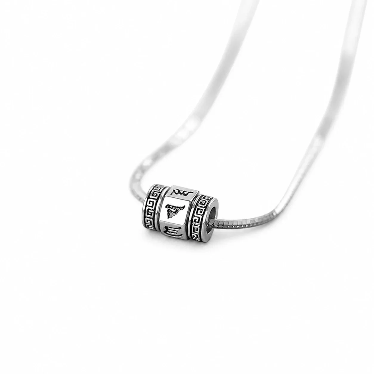 Oxidised Silver-Plated Snake Chain Rotating Mantra Pendant Necklace - Silver cm
