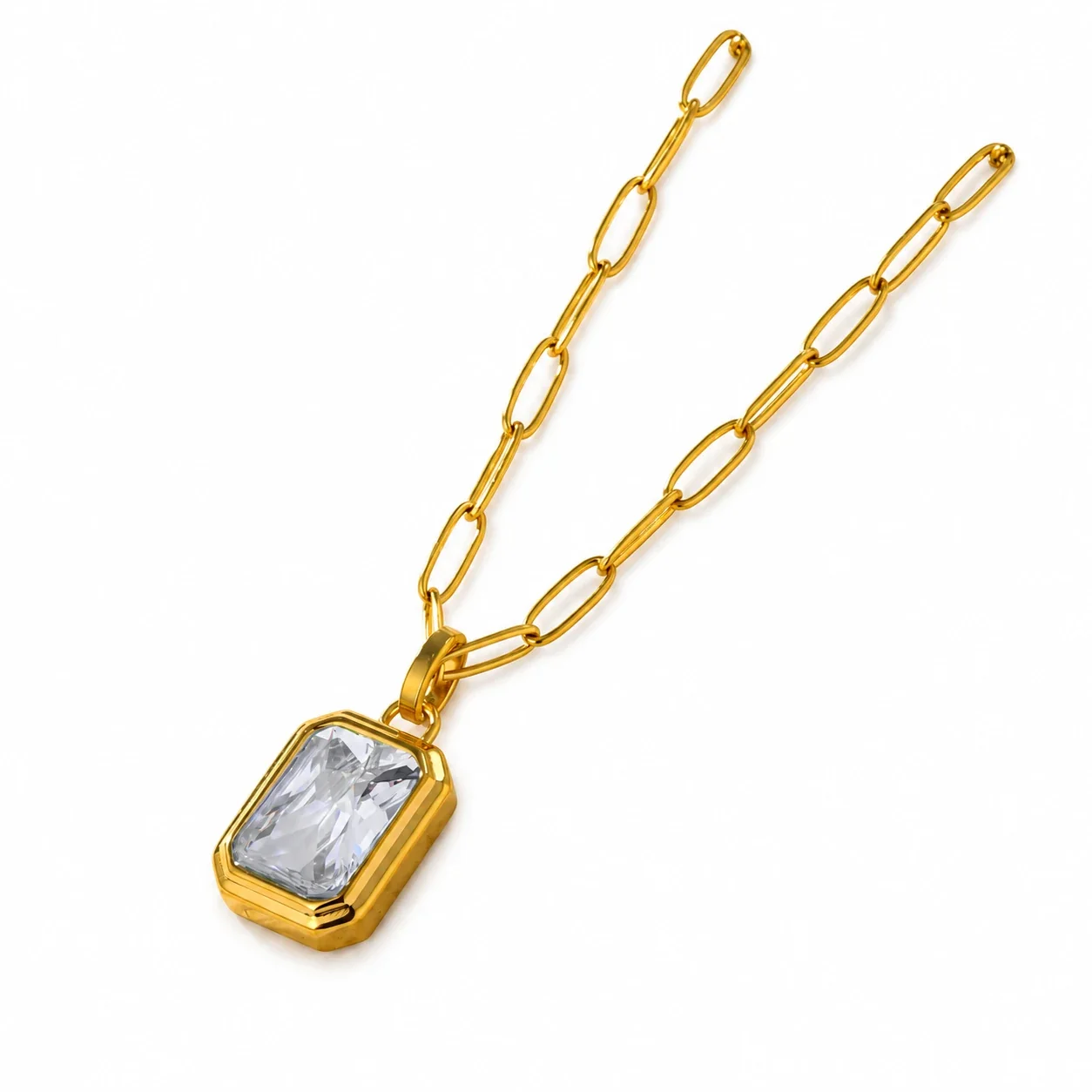 Pendant Necklace with Emerald-Cut Crystal, Gold-Plated Steel