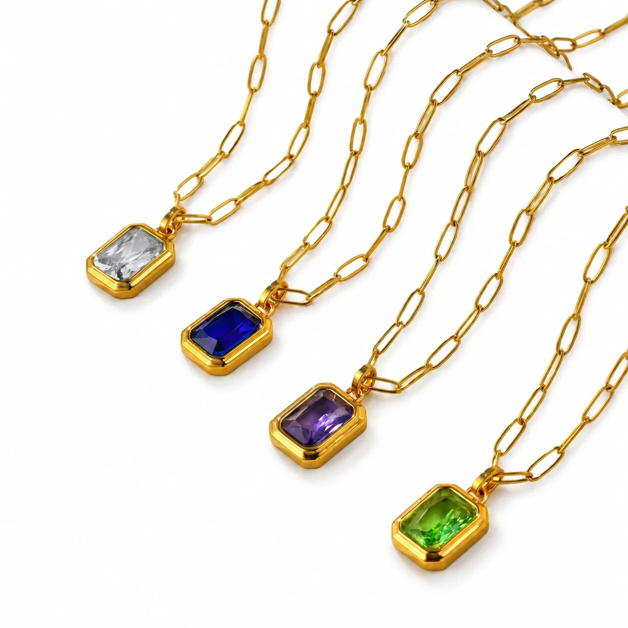 Pendant Necklace with Emerald-Cut Crystal, Gold-Plated Steel