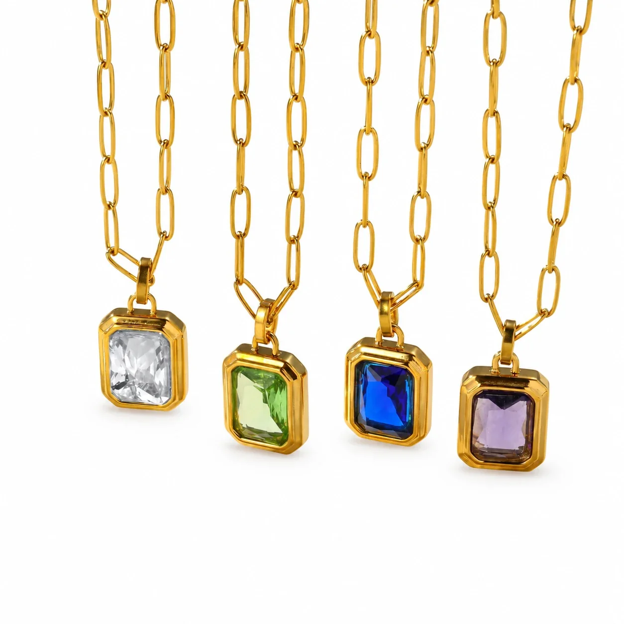 Pendant Necklace with Emerald-Cut Crystal, Gold-Plated Steel