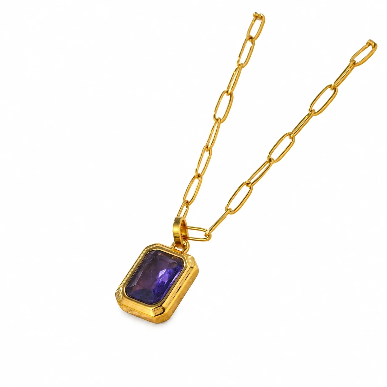 Pendant Necklace with Emerald-Cut Crystal, Gold-Plated Steel - Gold Purple Crystal