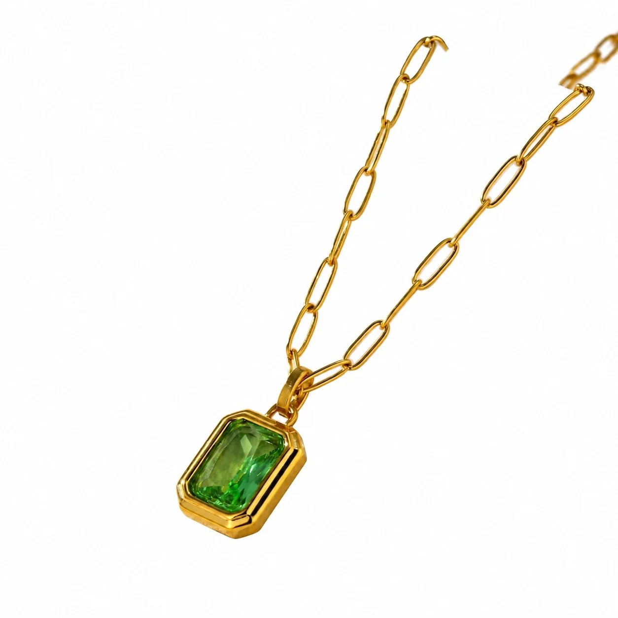 Pendant Necklace with Emerald-Cut Crystal, Gold-Plated Steel - Gold Green Crystal
