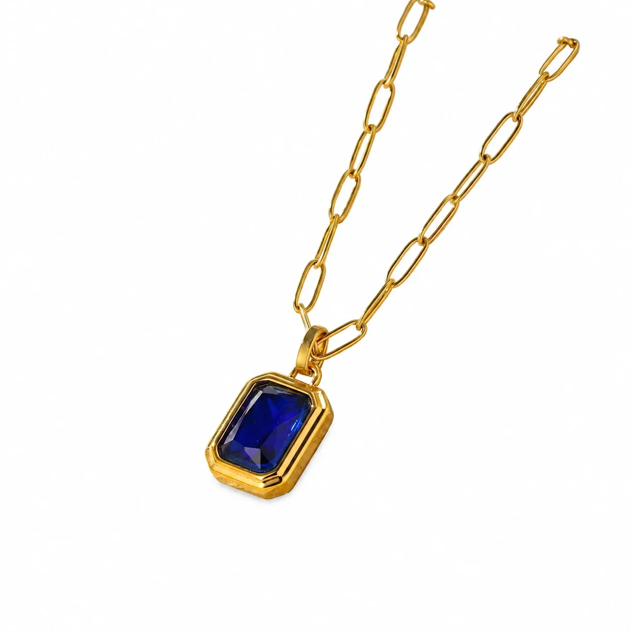 Pendant Necklace with Emerald-Cut Crystal, Gold-Plated Steel - Gold Blue Crystal