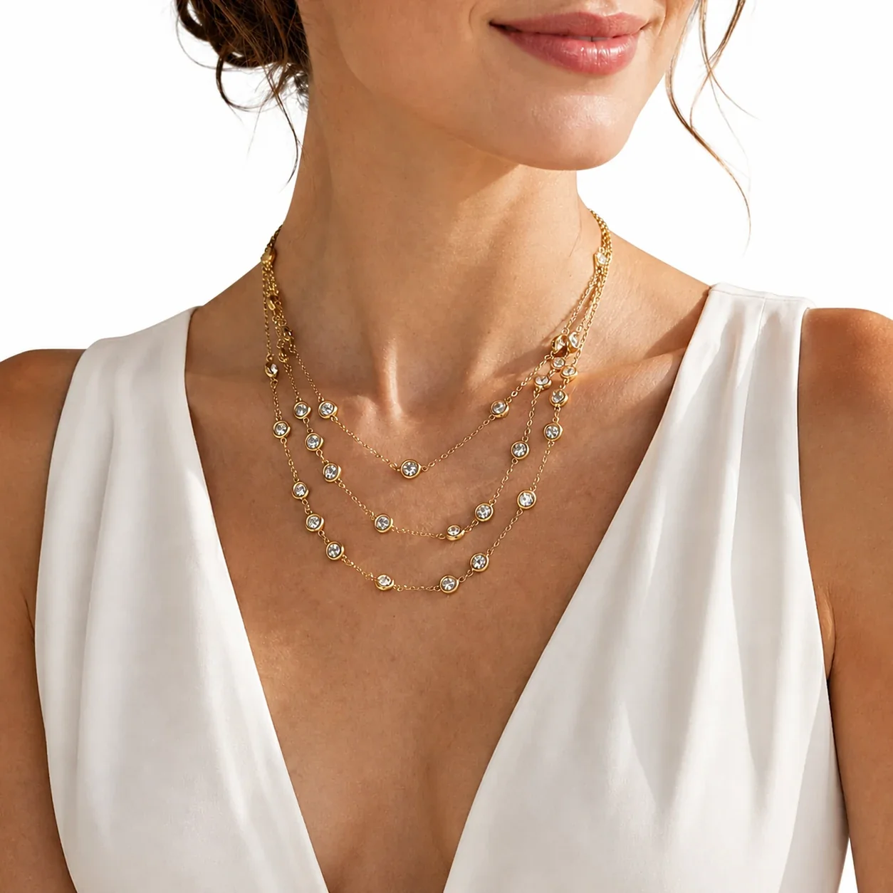 Polished 316L Bezel Round CZ Station Chain Necklace