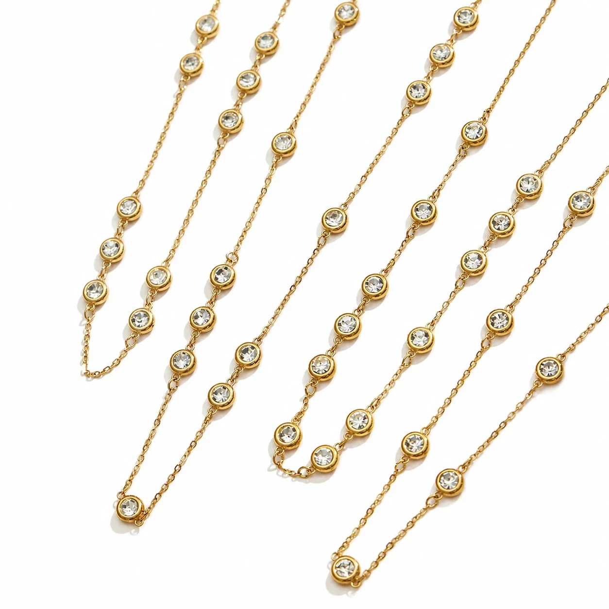 Polished 316L Bezel Round CZ Station Chain Necklace