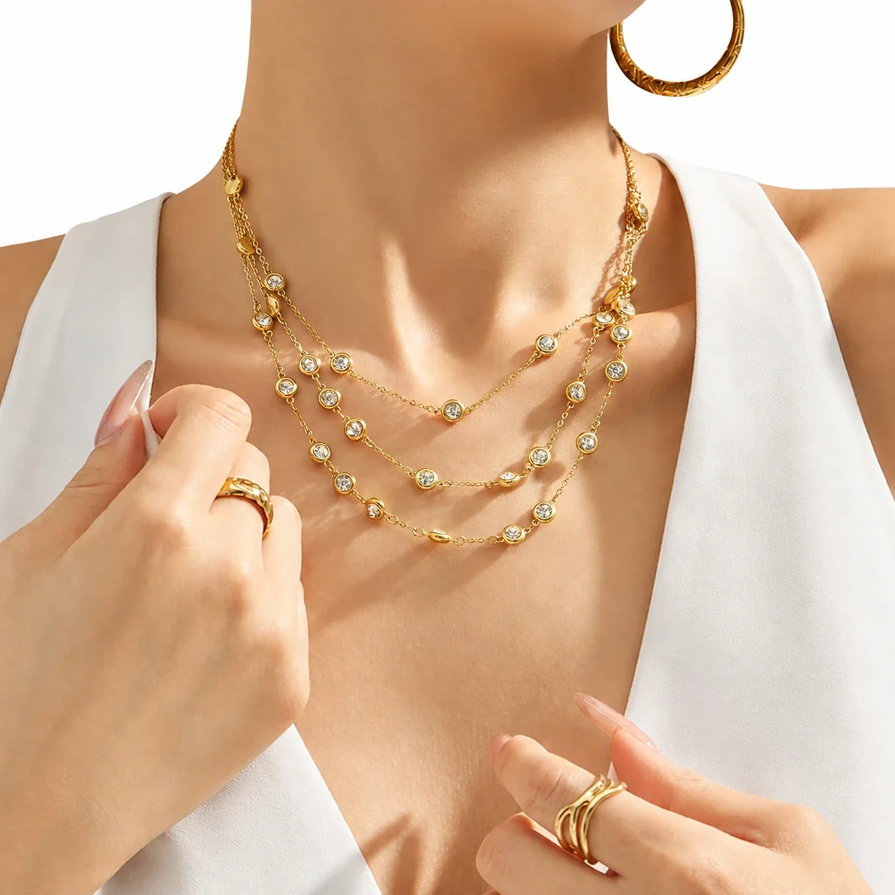 Polished 316L Bezel Round CZ Station Chain Necklace