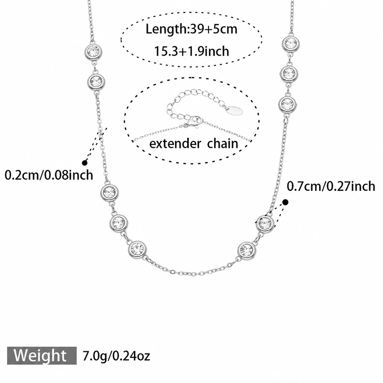 Polished 316L Bezel Round CZ Station Chain Necklace - Silver Round CZ 39 + 5 cm