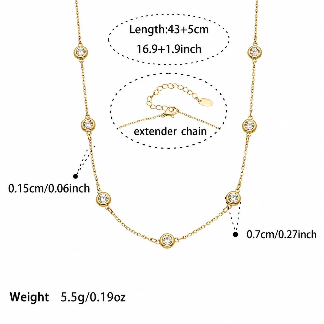 Polished 316L Bezel Round CZ Station Chain Necklace - Gold Round CZ 43 + 5 cm