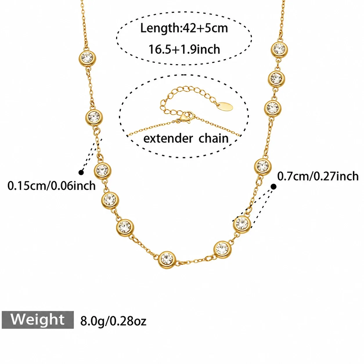 Polished 316L Bezel Round CZ Station Chain Necklace - Gold Round CZ 42 + 5 cm