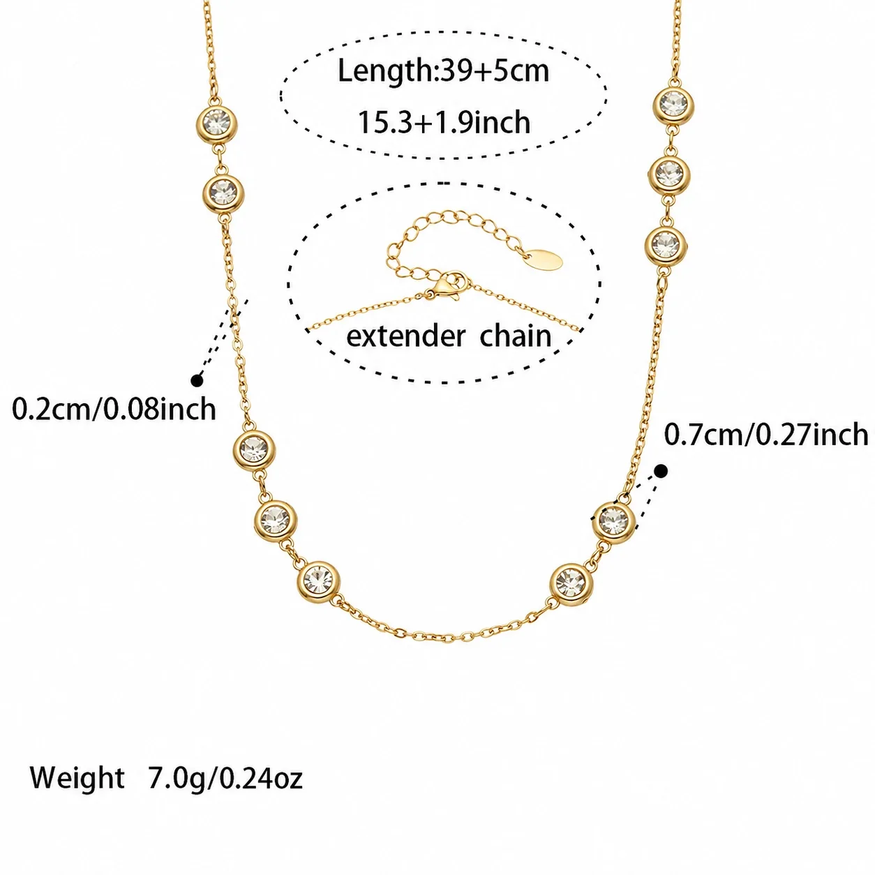 Polished 316L Bezel Round CZ Station Chain Necklace - Gold Round CZ 39 + 5 cm