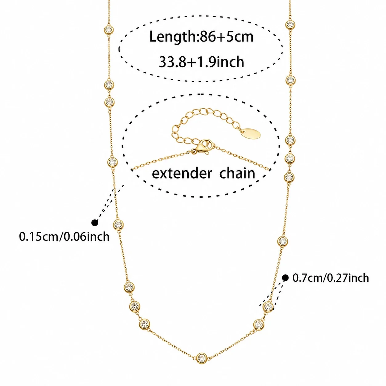 Polished 316L Bezel Round CZ Station Chain Necklace - Gold Round CZ 86 + 5 cm