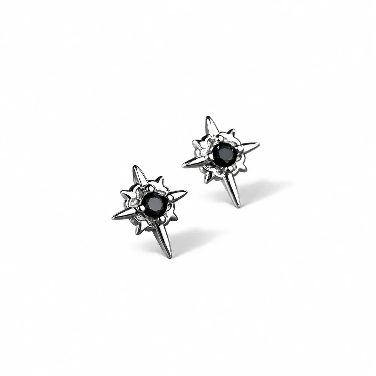 Stud Earrings Eight-Point Star Black CZ, Stainless Steel