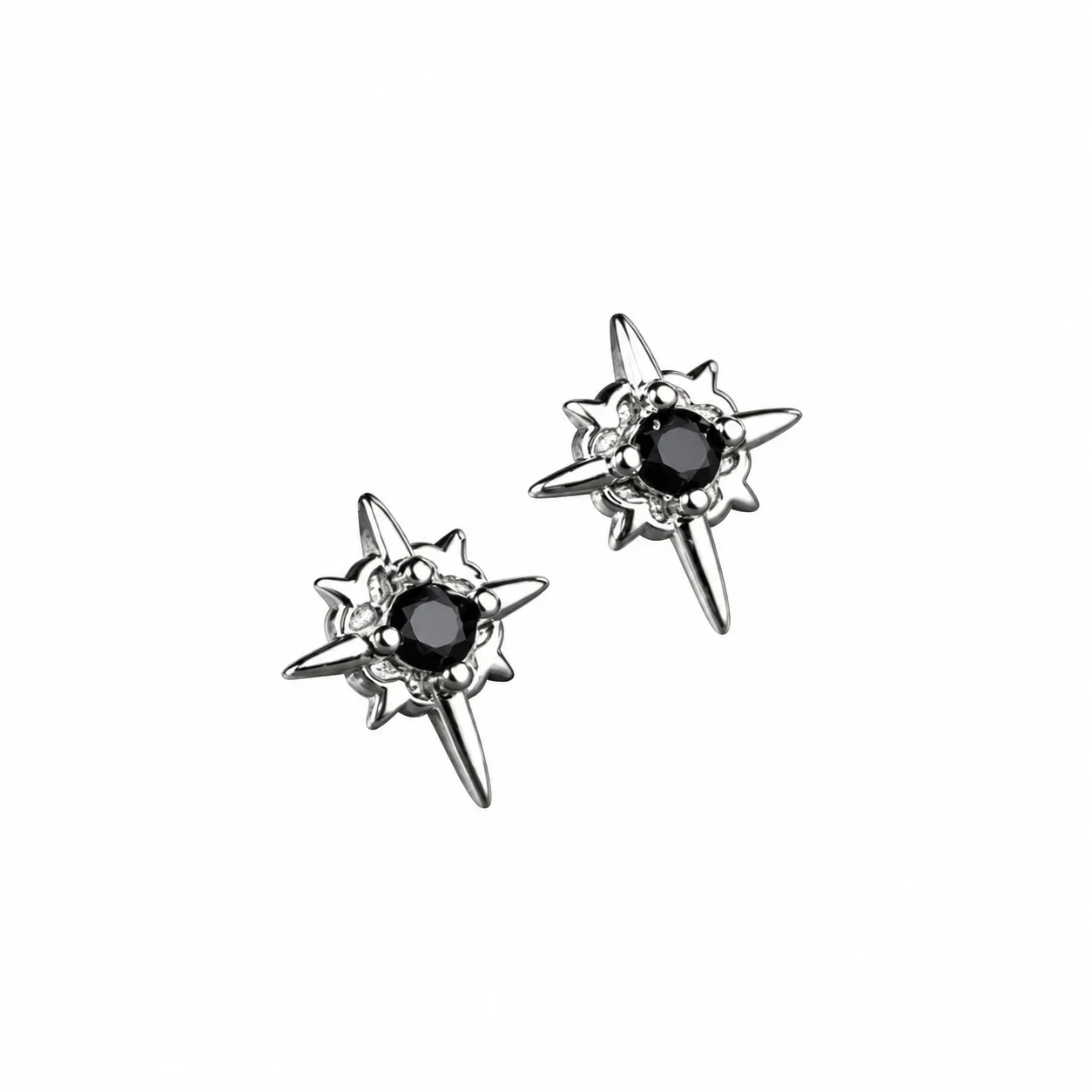 Foto del producto: Pendientes de botón estrella de ocho puntas con circonita cúbica negra, acero inoxidable