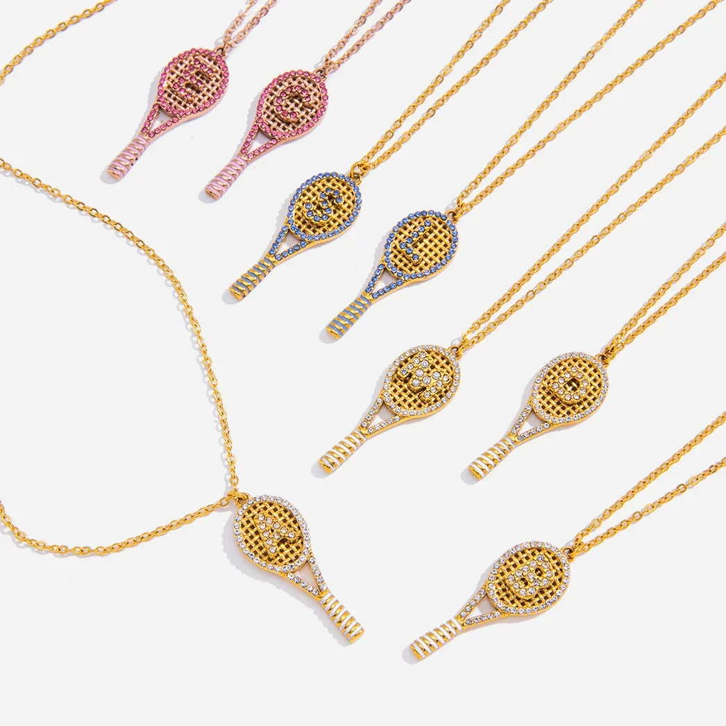 Playful 316L stainless steel gold PVD tennis racket Necklace