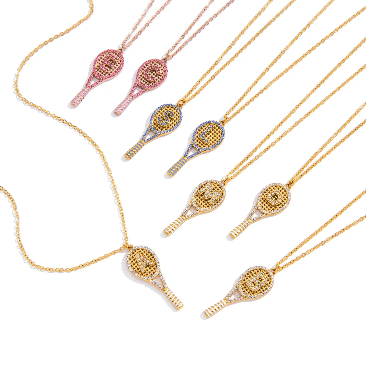 Playful 316L stainless steel gold PVD tennis racket Necklace
