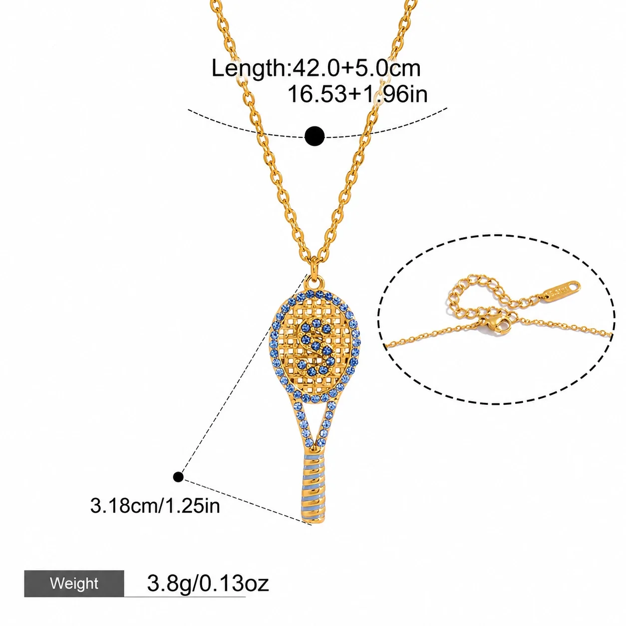 Playful 316L stainless steel gold PVD tennis racket Necklace - Gold Initial S