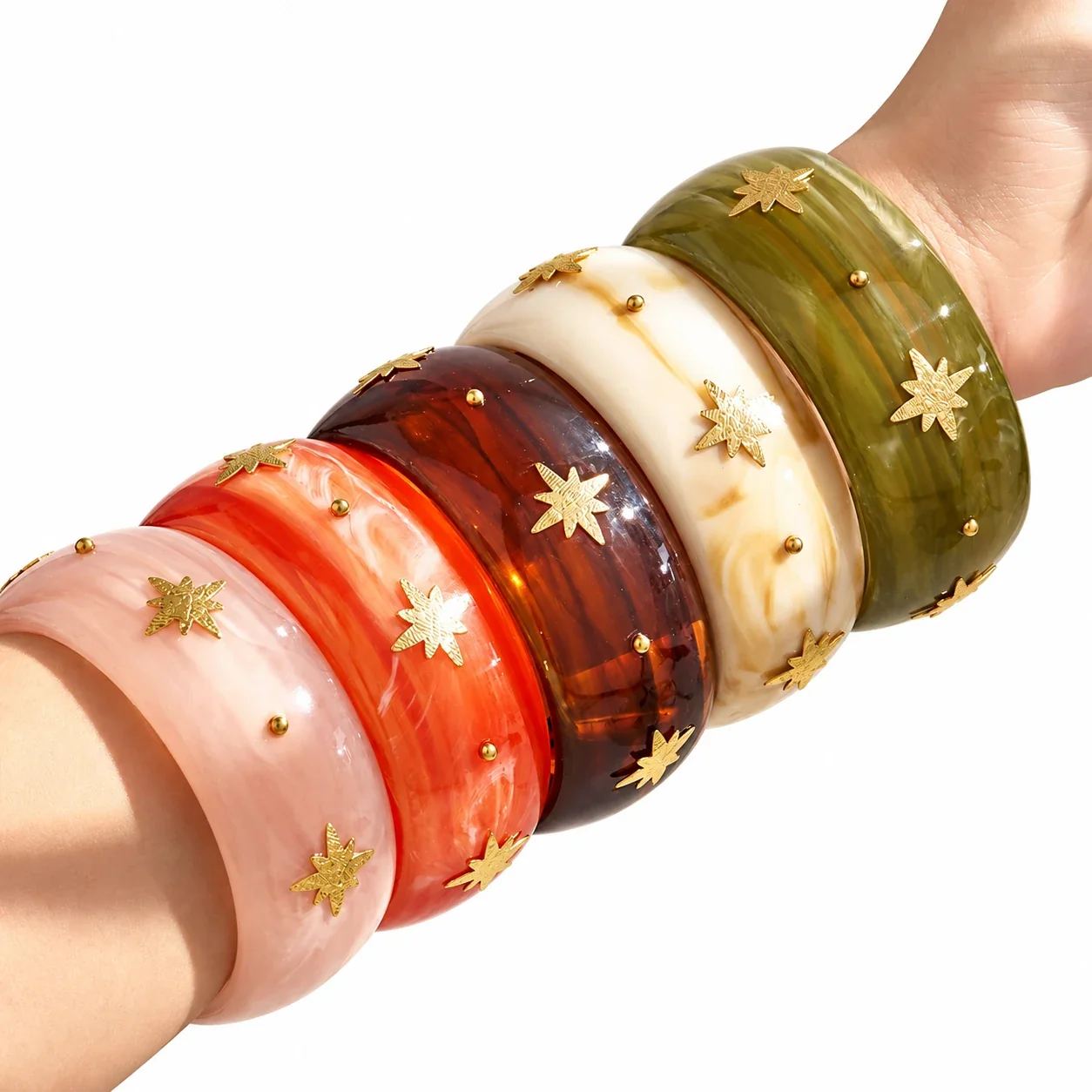 Resin Bangle with Gold-Plated Eight-Point Stars, Steel