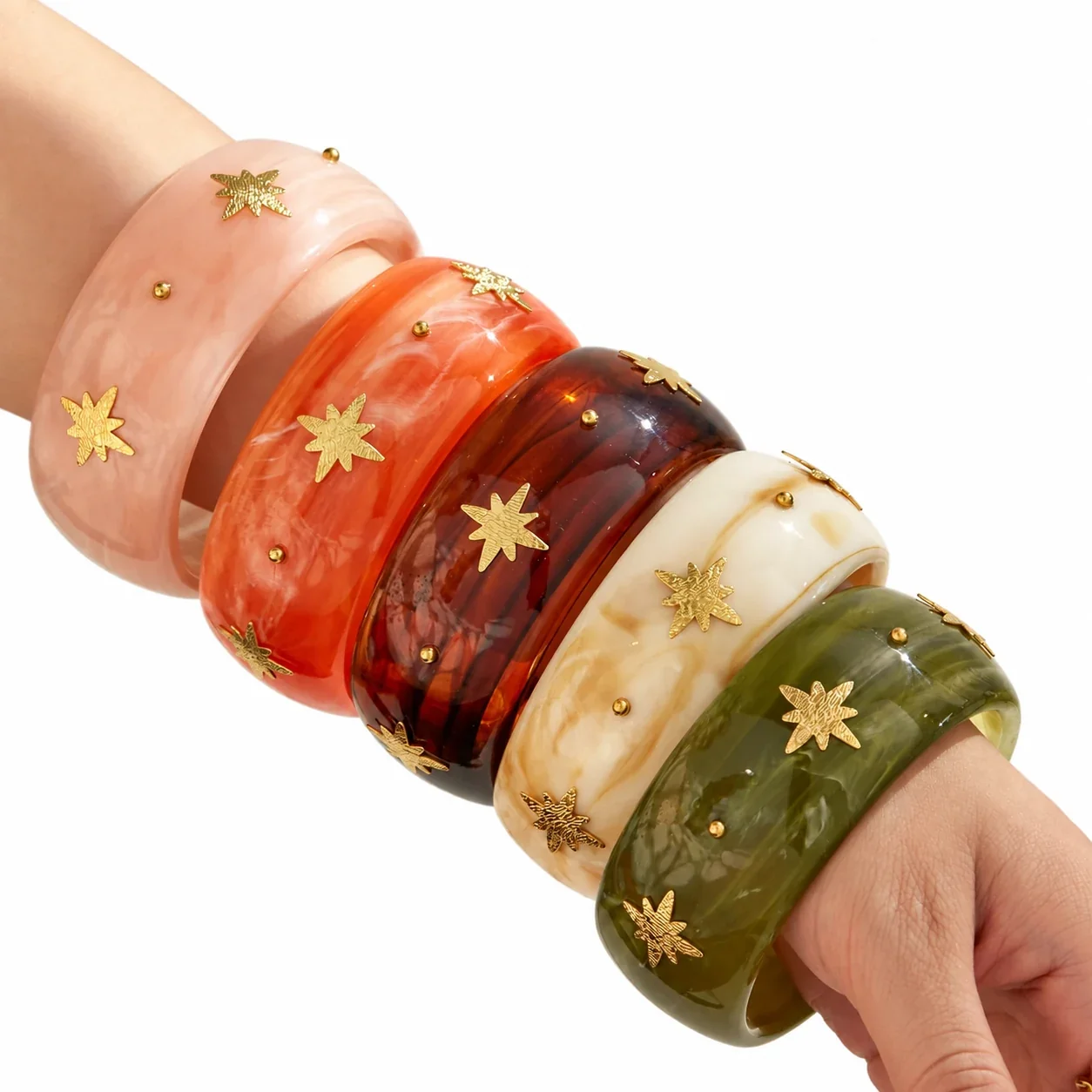 Resin Bangle with Gold-Plated Eight-Point Stars, Steel