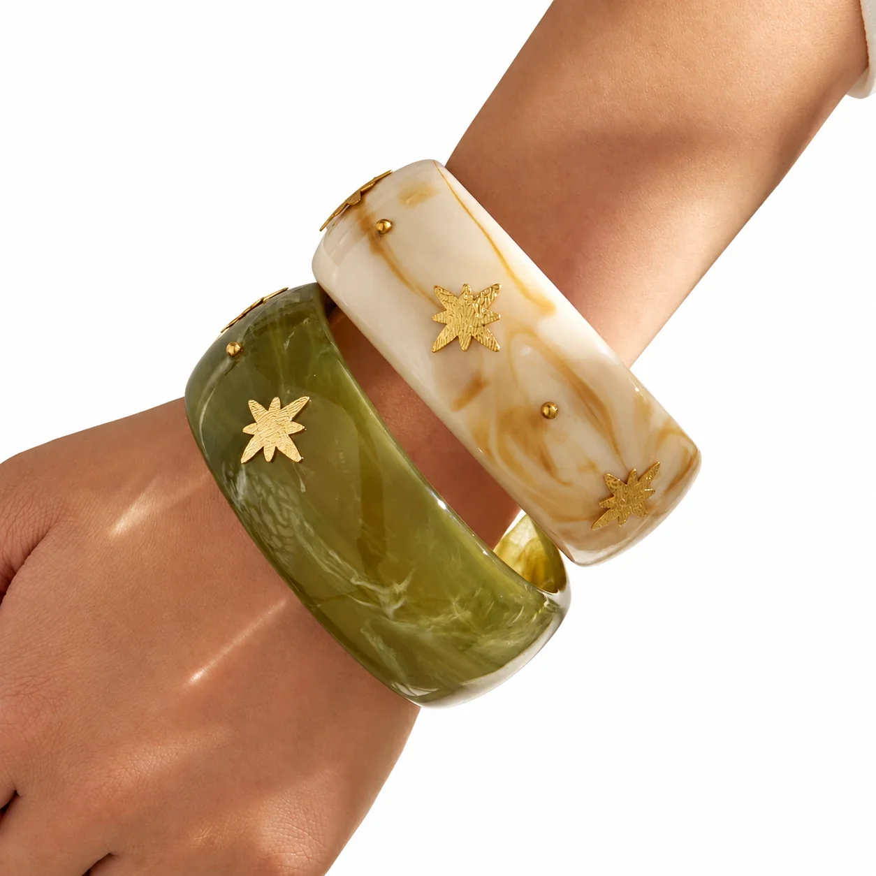 Resin Bangle with Gold-Plated Eight-Point Stars, Steel