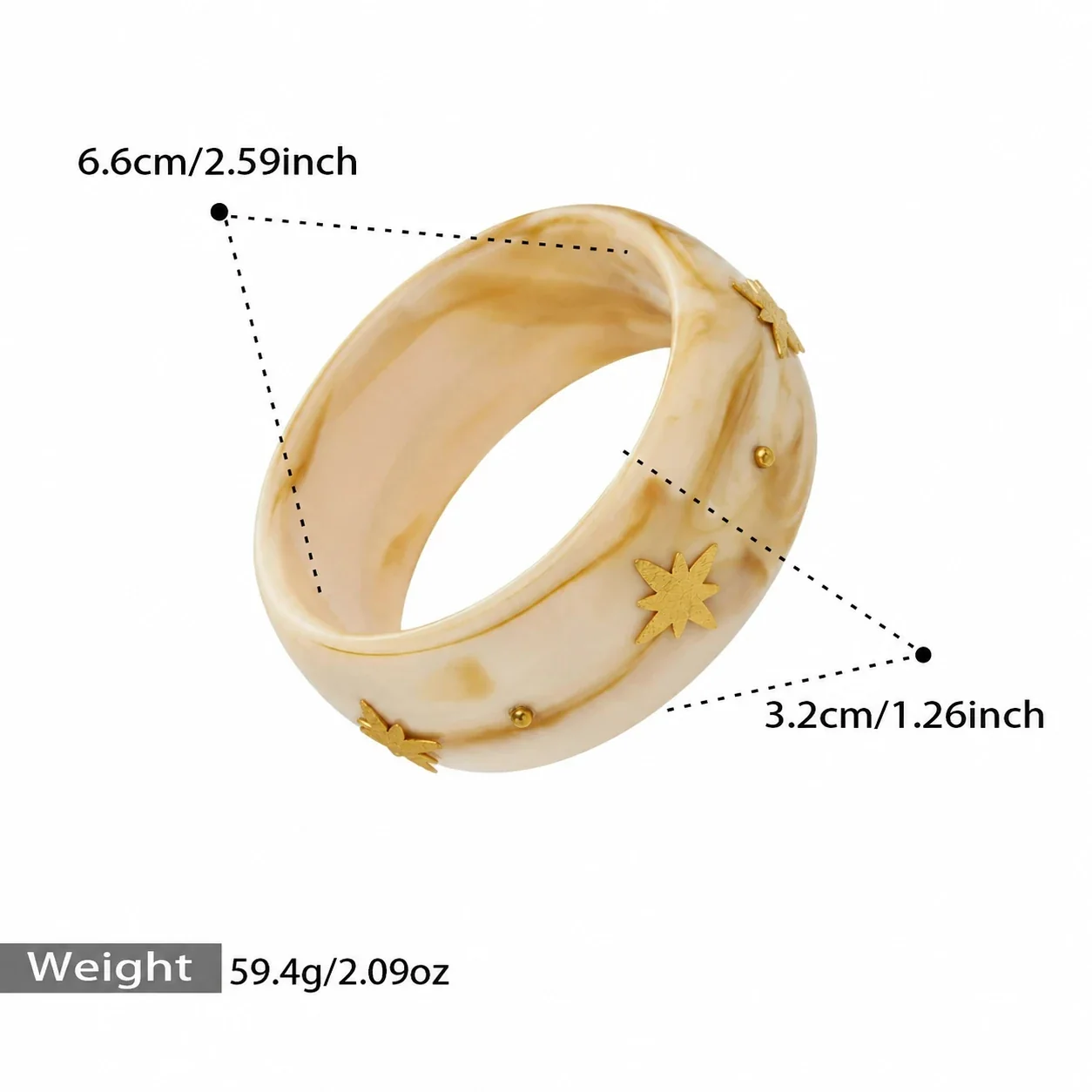 Resin Bangle with Gold-Plated Eight-Point Stars, Steel - White Resin Gold