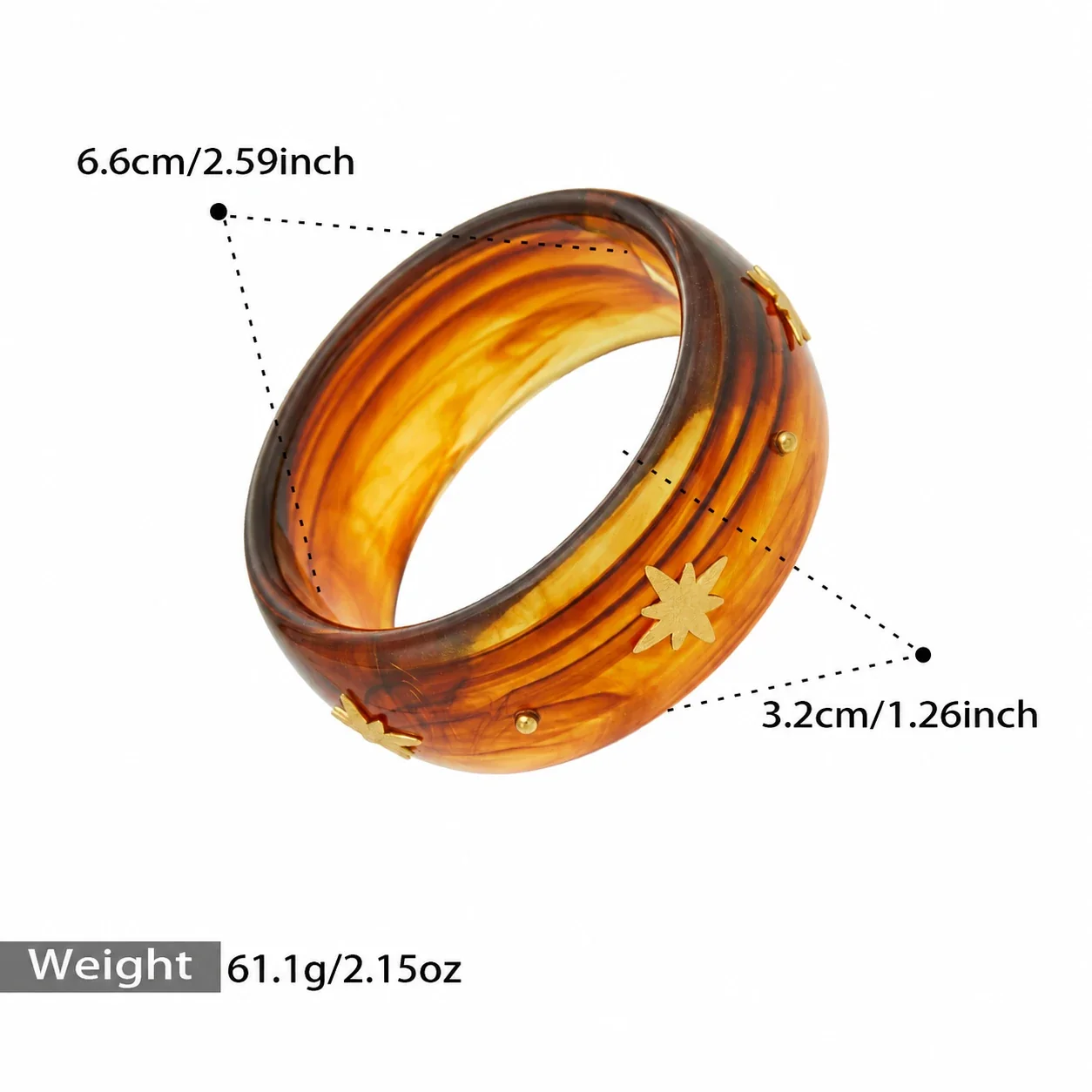 Resin Bangle with Gold-Plated Eight-Point Stars, Steel - Brown Resin Gold