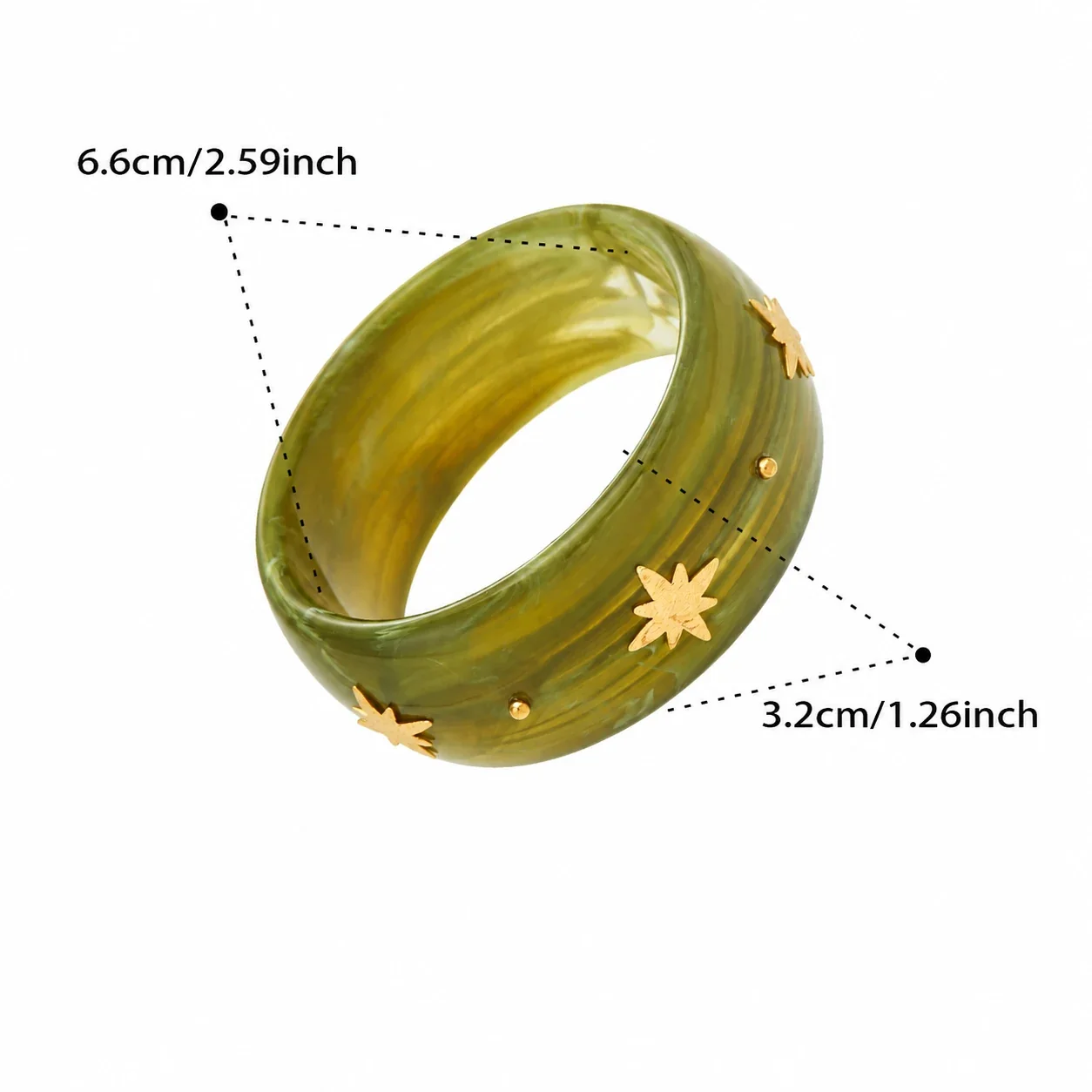Resin Bangle with Gold-Plated Eight-Point Stars, Steel - Green Resin Gold
