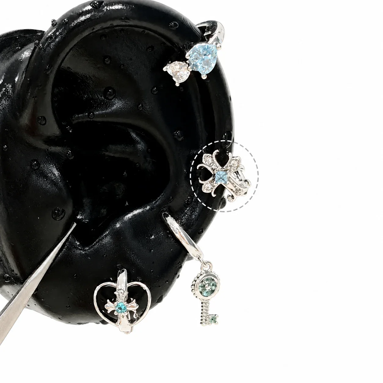 Celestial 316 Stainless Steel CZ Cross Ear Cuff - Light Blue Baroque Cross