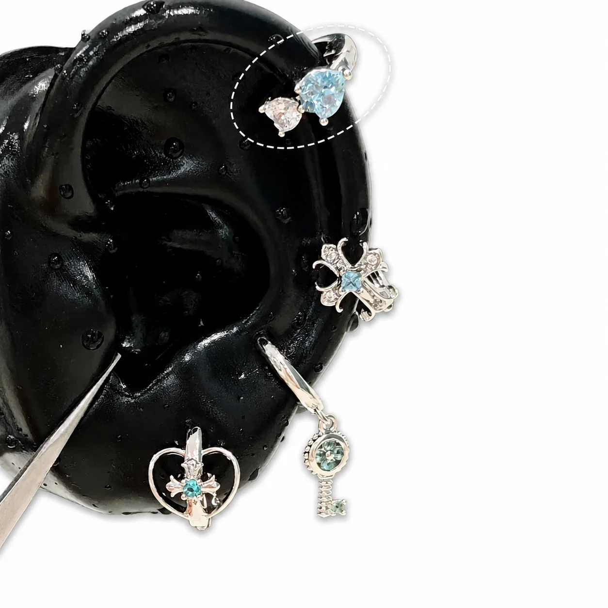 Celestial 316 Stainless Steel CZ Cross Ear Cuff - Blue White Heart