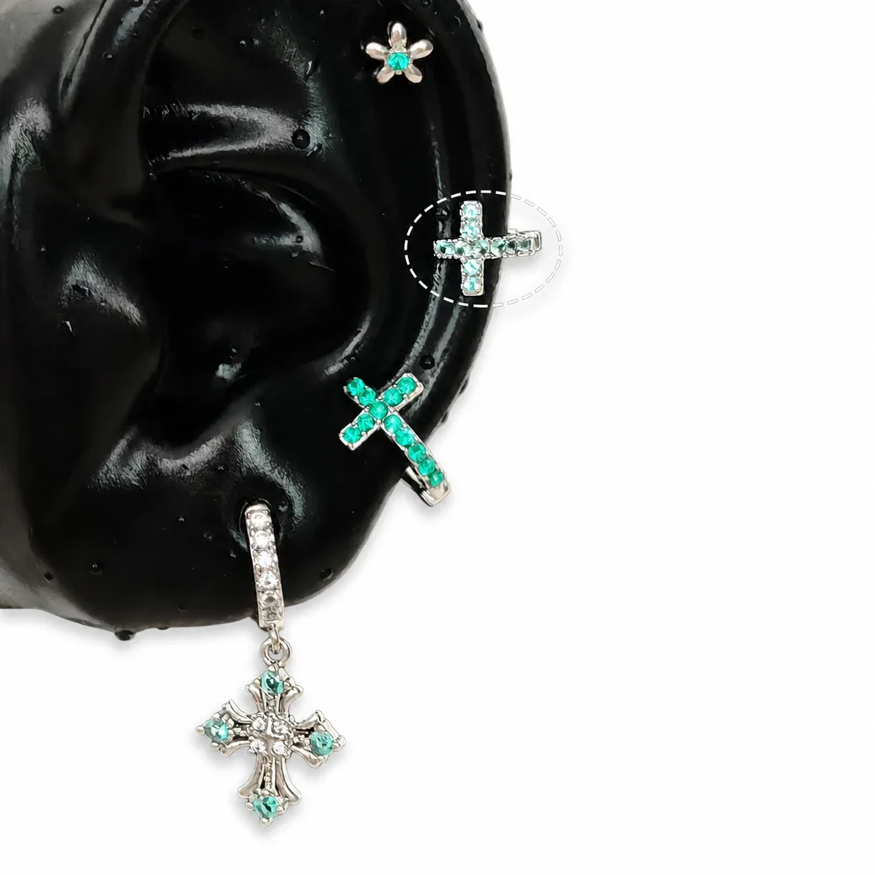 Celestial 316 Stainless Steel CZ Cross Ear Cuff - Full CZ Light Green Cross