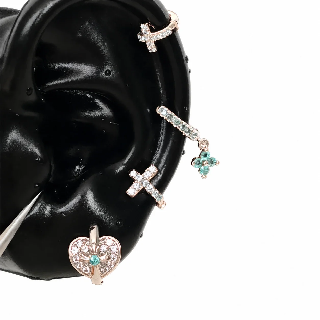 Celestial 316 Stainless Steel CZ Cross Ear Cuff - Full CZ Heart Cross